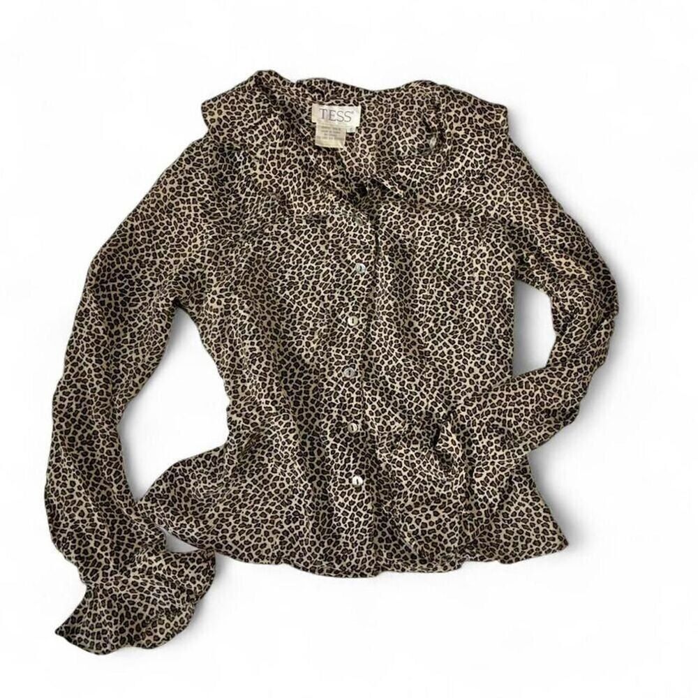 Vintage Eclectic Tess Leopard Print Button Down Blouse with Ruffles